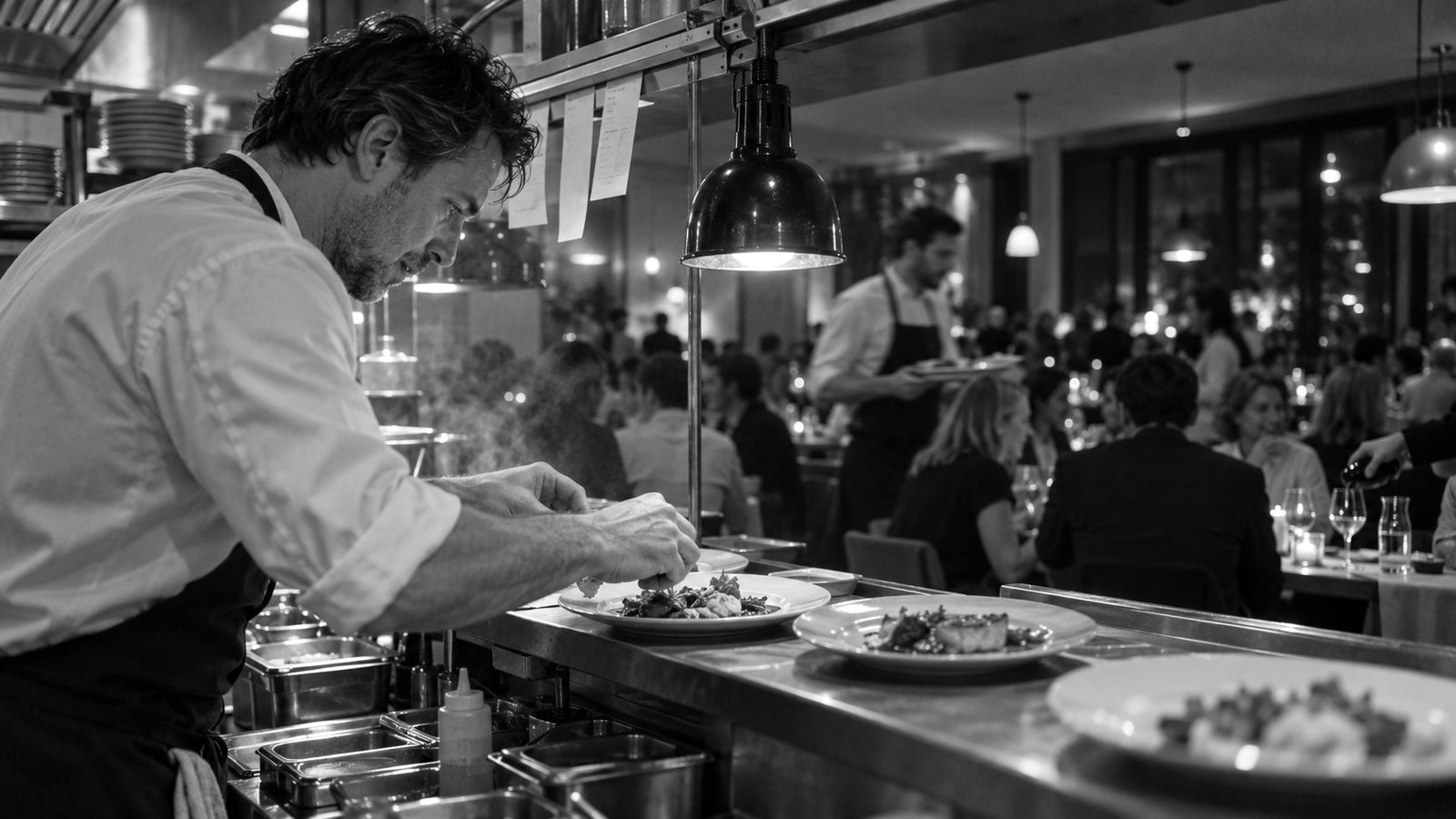 Opening night: the chef plates at the pass while the restaurant behind him is full and the service runs