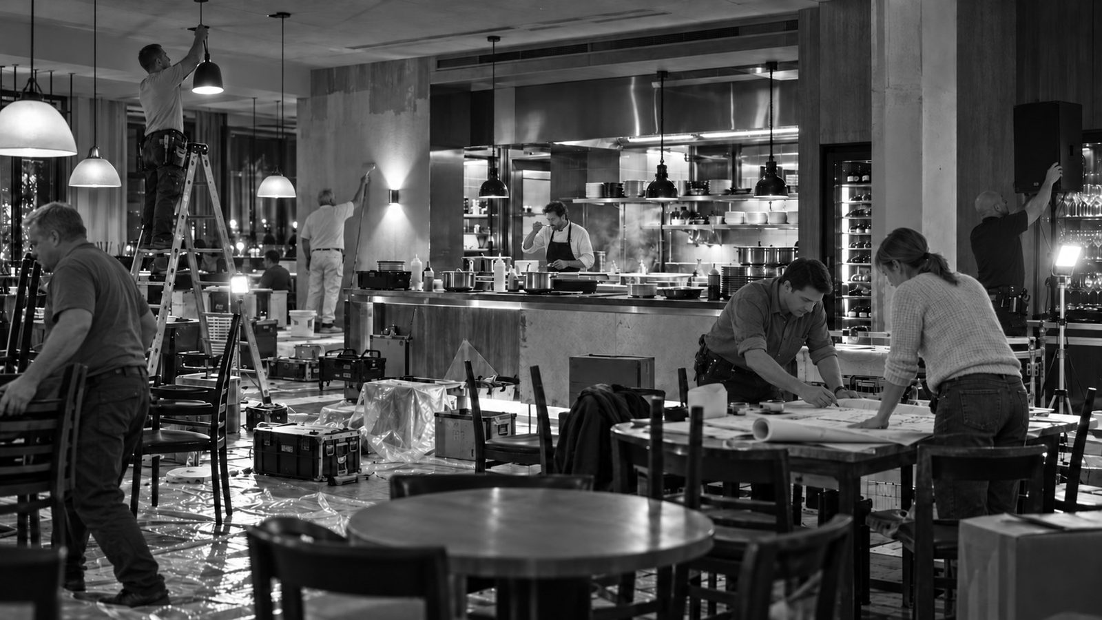 The night before a restaurant opens: an electrician, a painter, planners and a sound technician at work while the chef tests the menu