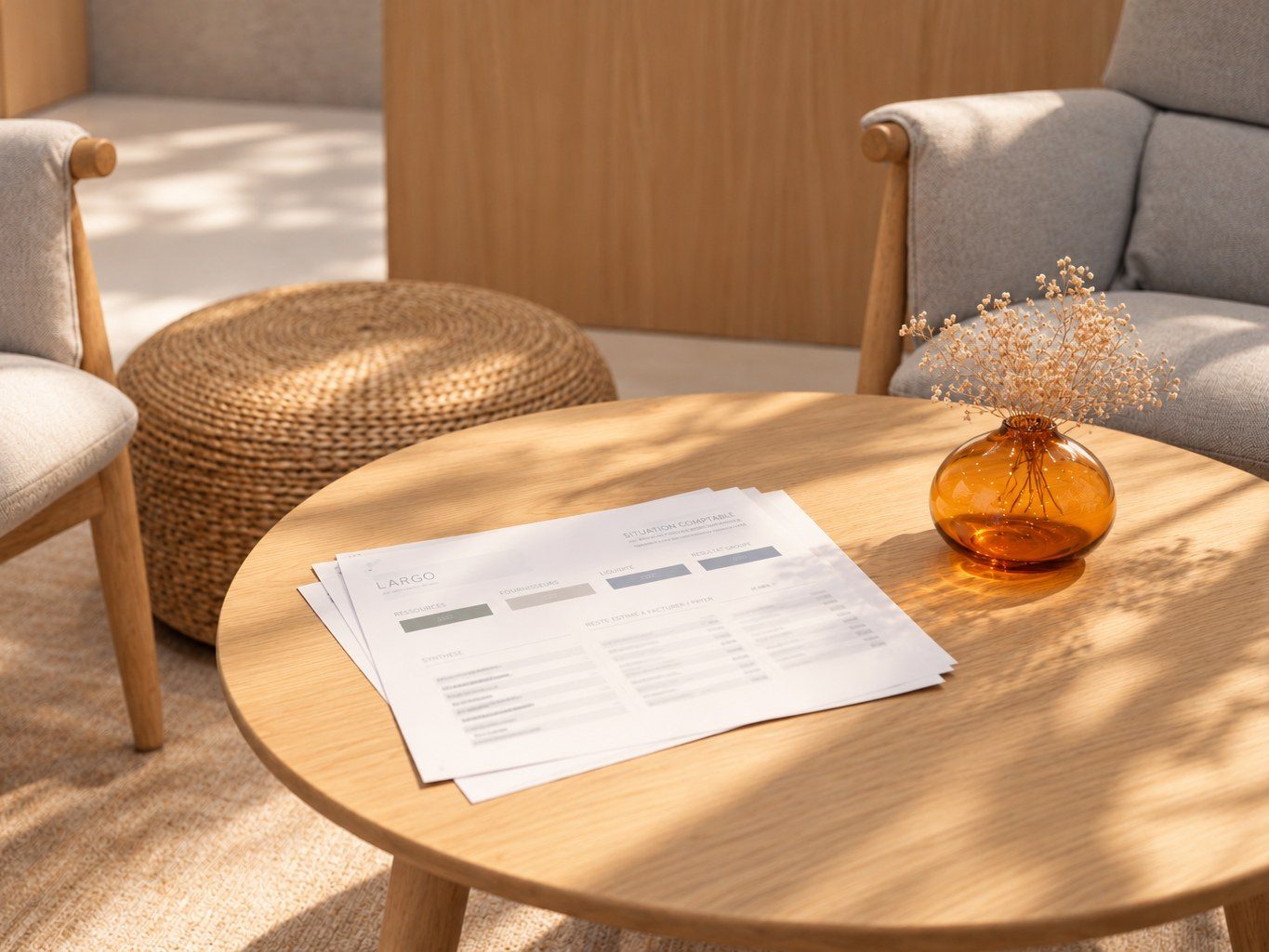 Two armchairs around a round oak table in warm sunlight, a project's financial statement laid out between them, a small amber vase
