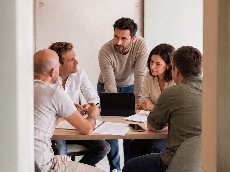 Seen through a doorway: Max Bauer and four people around a table with a tablet and papers, one of them leaning in to explain