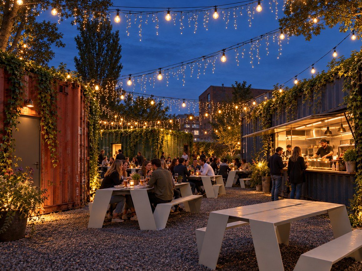 Concept visualisation of Joyvibe, a pop-up restaurant at dusk: shipping containers under string lights, white tables on gravel, an open kitchen window