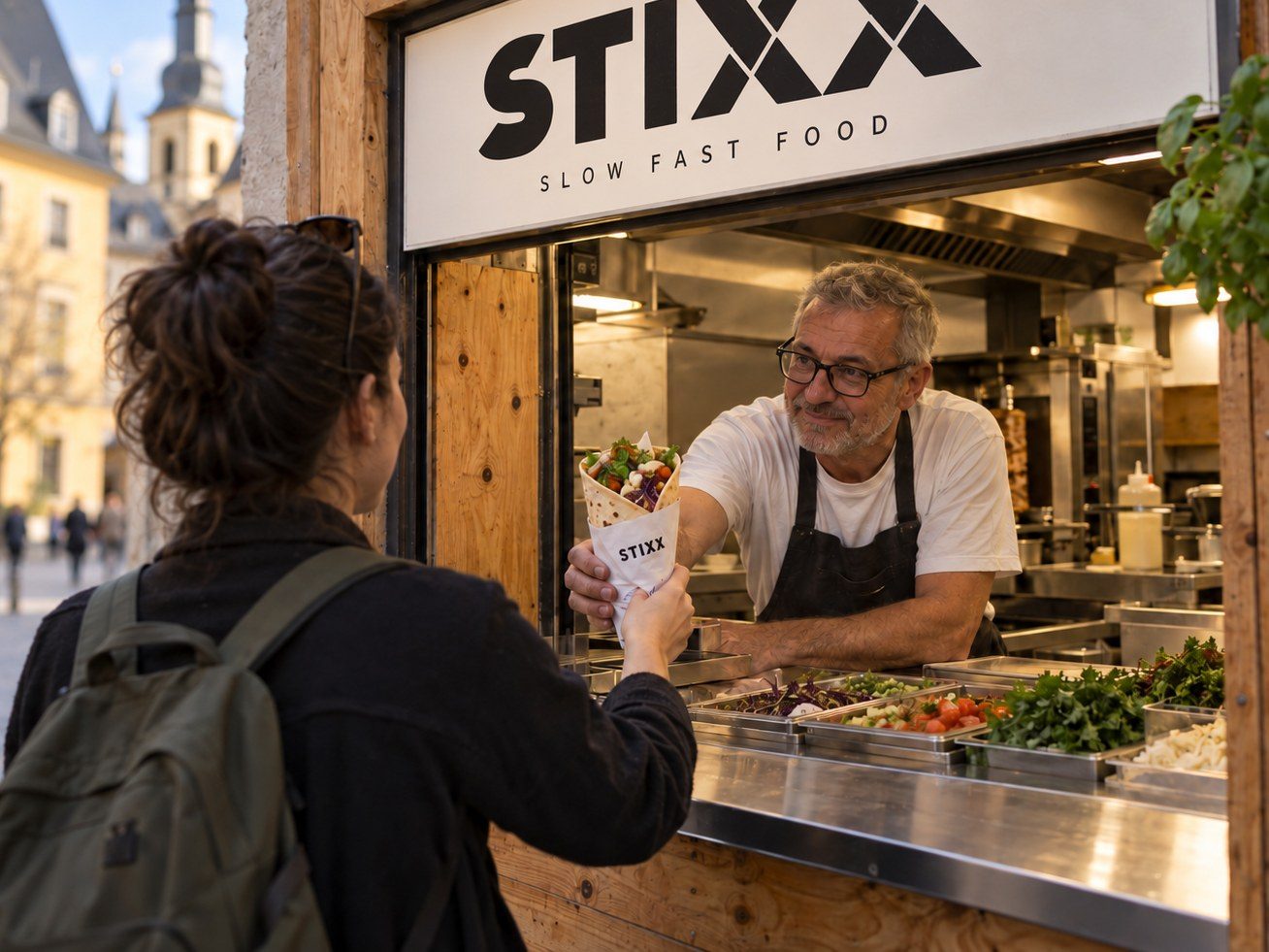 Concept visualisation: in Luxembourg's old town, a cook hands a fresh STIXX wrap through a wooden kiosk window under the sign 'STIXX – slow fast food'
