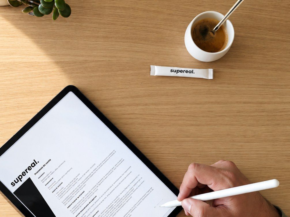 Supereal identity down to the detail: a sales agreement in the Supereal layout on a tablet, an espresso and a Supereal sugar stick