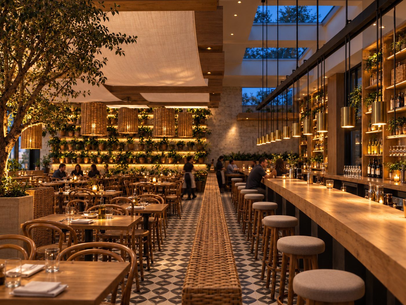 Concept visualisation of Terrazza: a warm, plant-filled restaurant with a long bar and a skylight